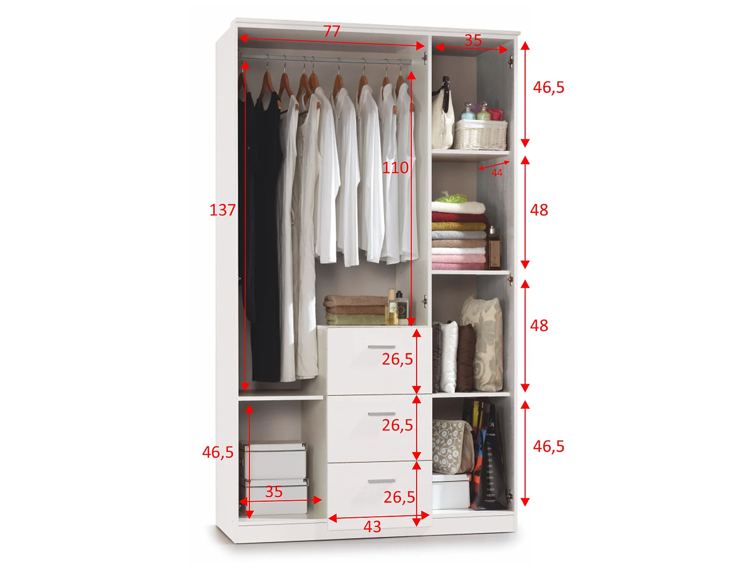 Armario ropero Lisa 3 Puertas 3 Cajones Color Blanco Brillo, 117 Ancho 52 Profundo 203 Alto cm