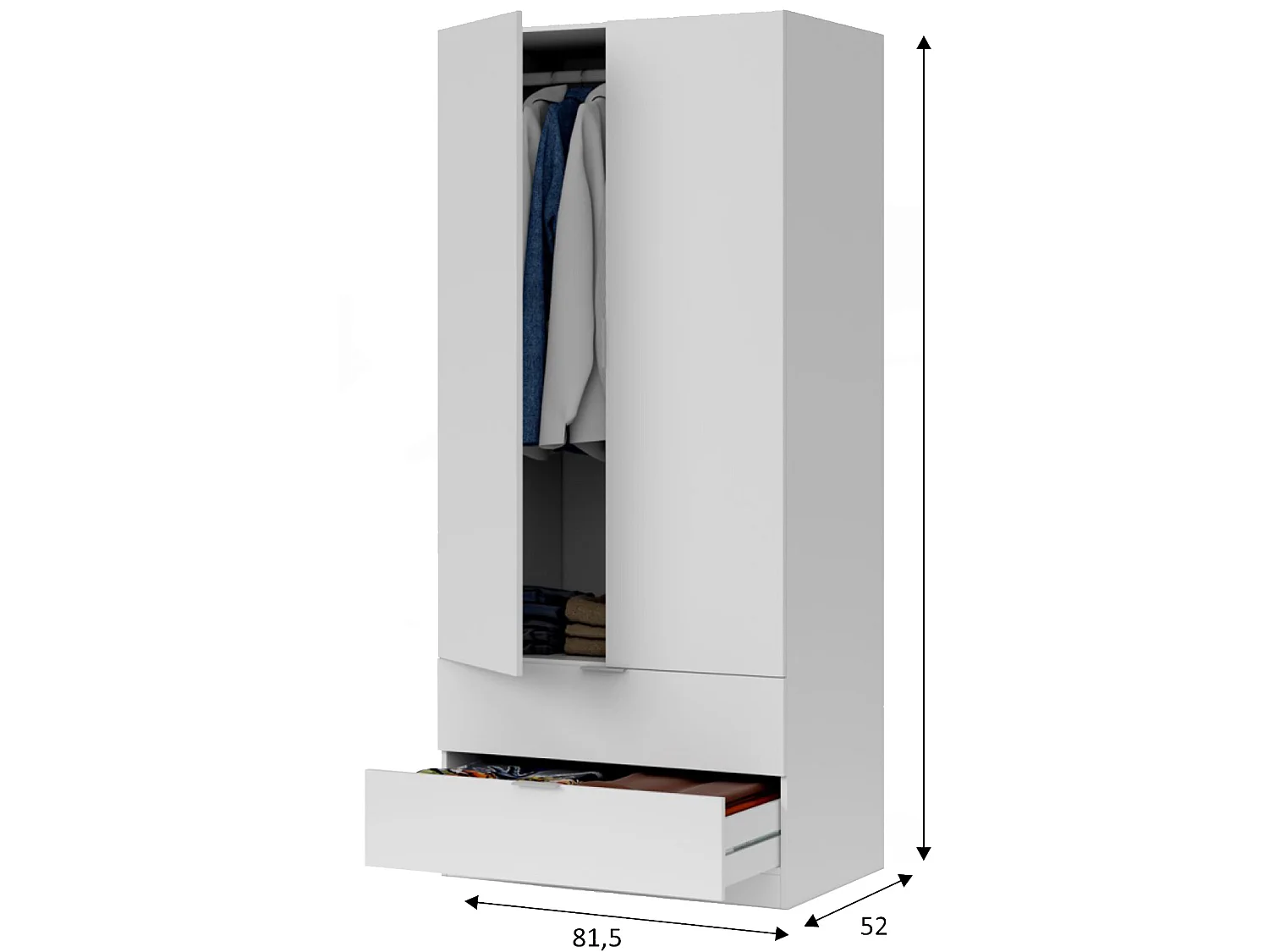 Armario ropero Nico 2 Puertas y 2 Cajones Color Blanco, 81 cm Ancho 52 cm Profundo 180 cm Alto