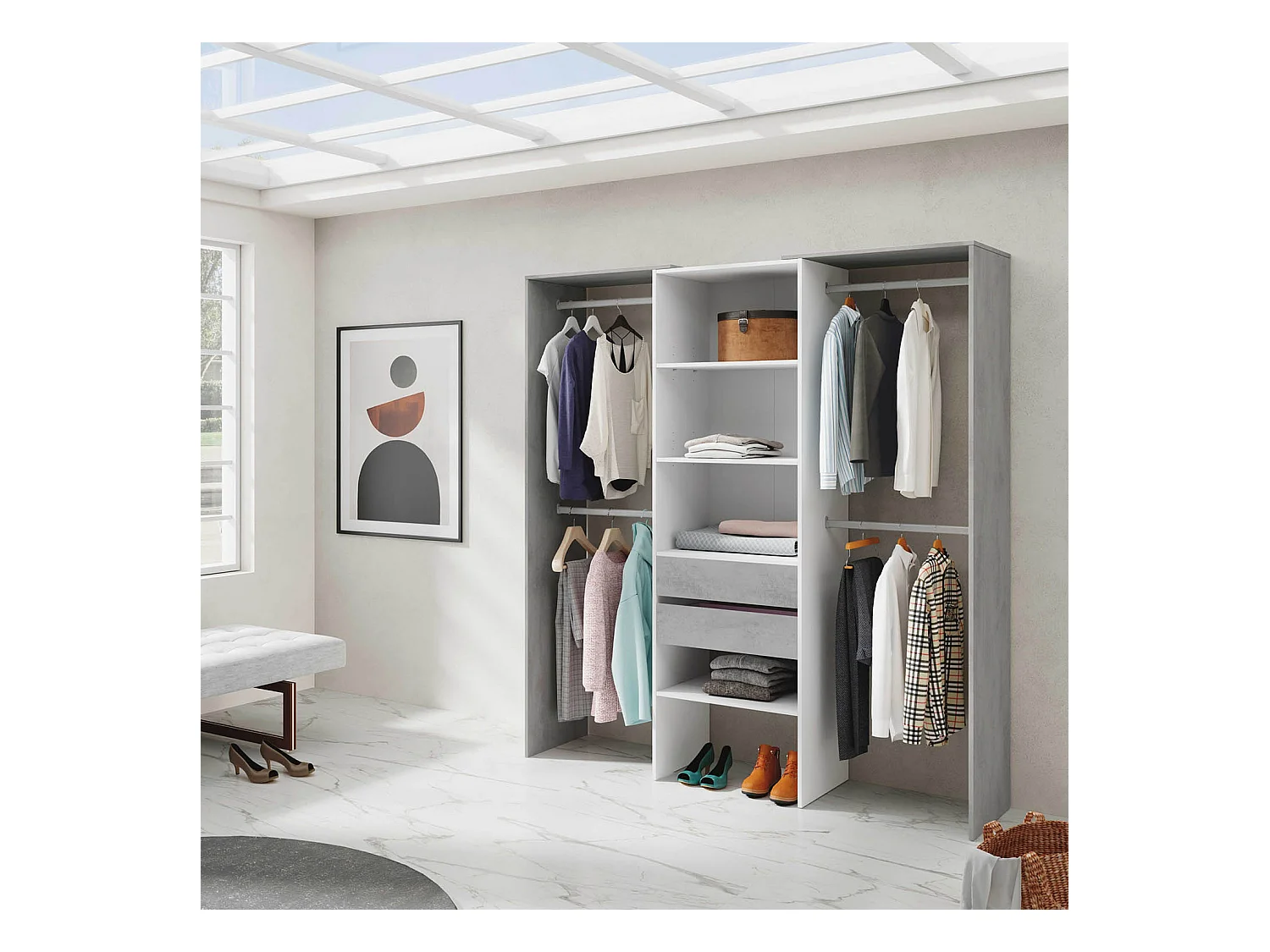 Armario vestidor Mayo 2 cajones, blanco y gris, 179 cm Ancho