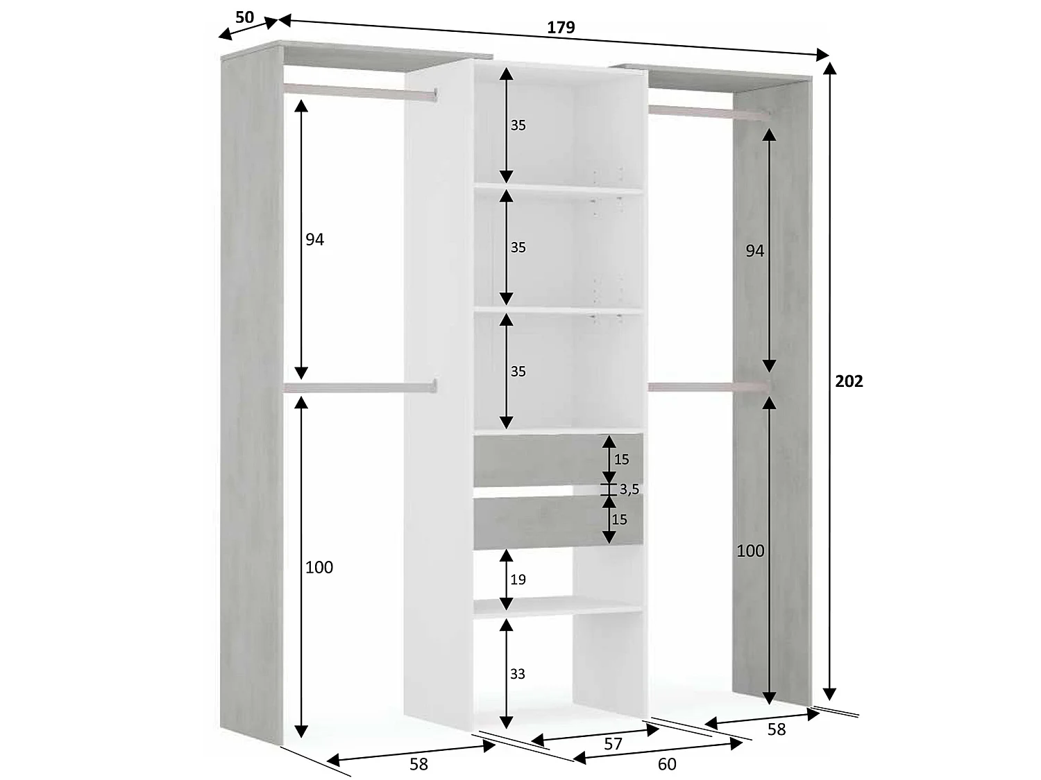 Armario vestidor Mayo 2 cajones, blanco y gris, 179 cm Ancho