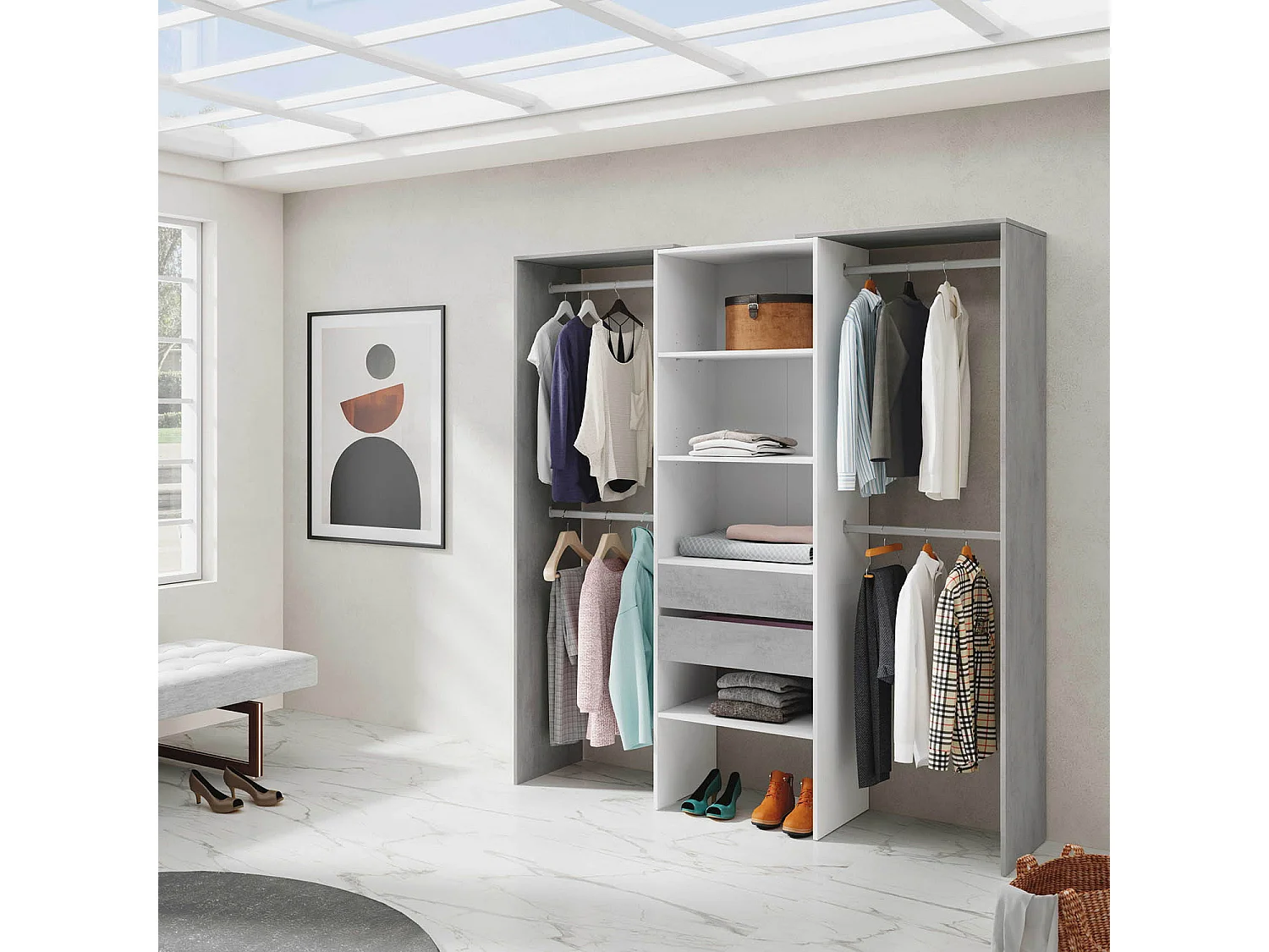 Armario vestidor Mayo 2 cajones, blanco y gris, 179 cm Ancho