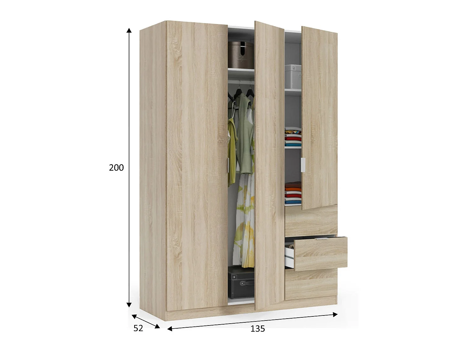Armario ropero Reus 3 Puertas y 3 Cajones Color Roble, 135 cm Ancho 52 cm Profundo 200 cm Alto