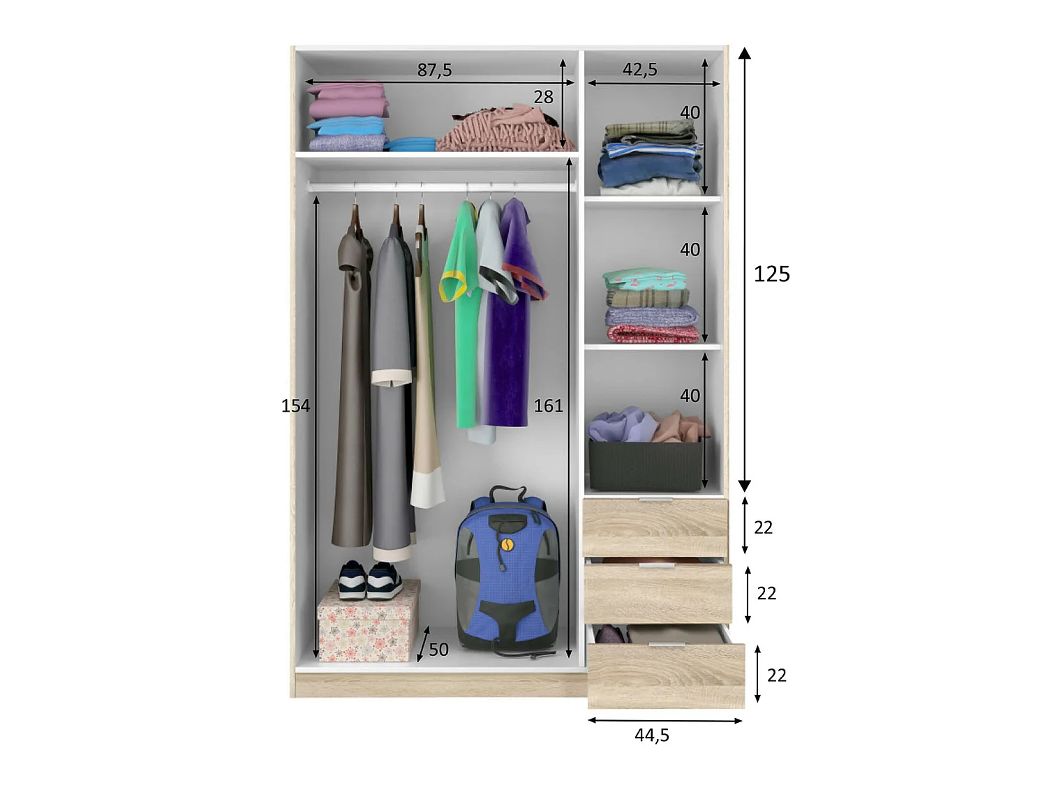 Armario ropero Reus 3 Puertas y 3 Cajones Color Roble, 135 cm Ancho 52 cm Profundo 200 cm Alto