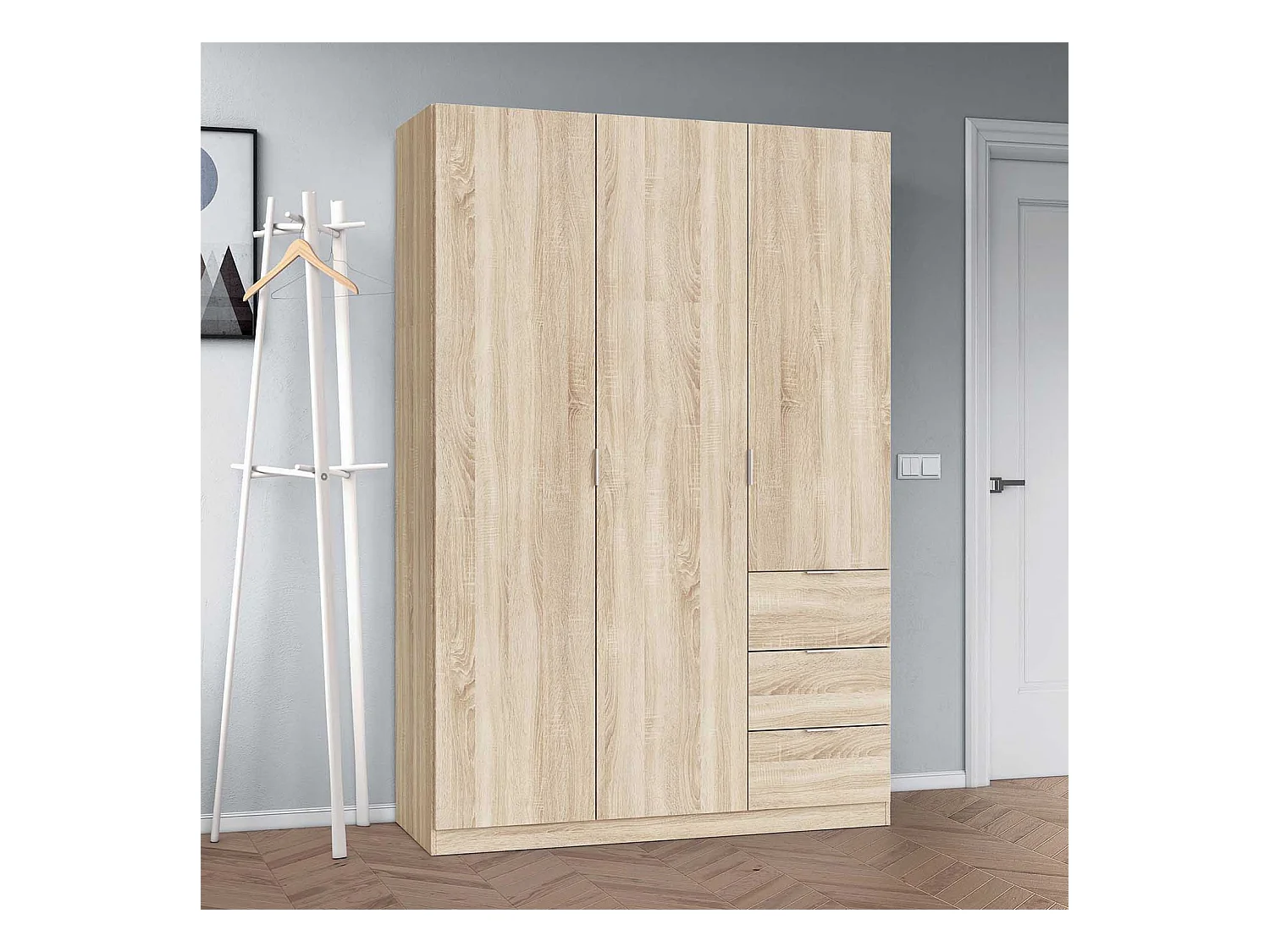 Armario ropero Reus 3 Puertas y 3 Cajones Color Roble, 135 cm Ancho 52 cm Profundo 200 cm Alto