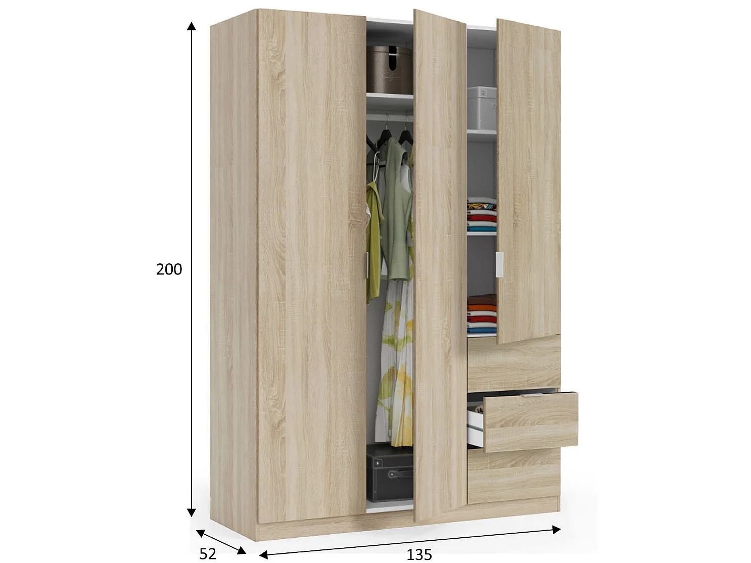 Armario ropero Reus 3 Puertas y 3 Cajones Color Roble, 135 cm Ancho 52 cm Profundo 200 cm Alto