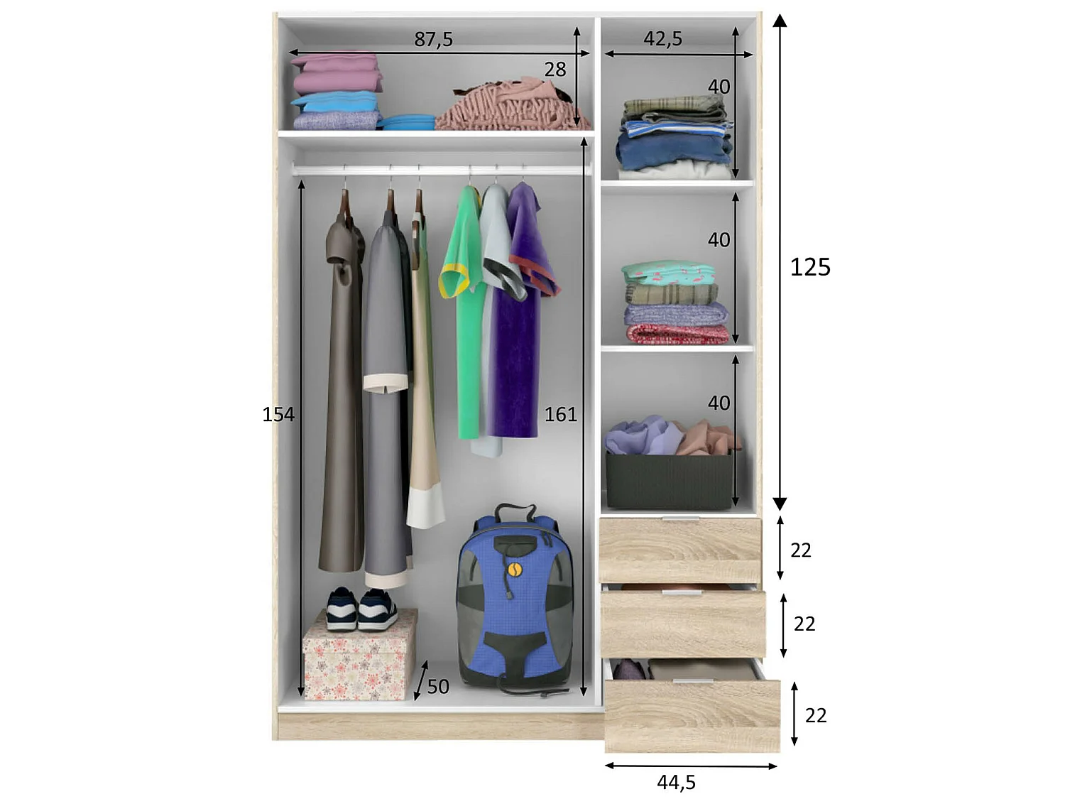 Armario ropero Reus 3 Puertas y 3 Cajones Color Roble, 135 cm Ancho 52 cm Profundo 200 cm Alto