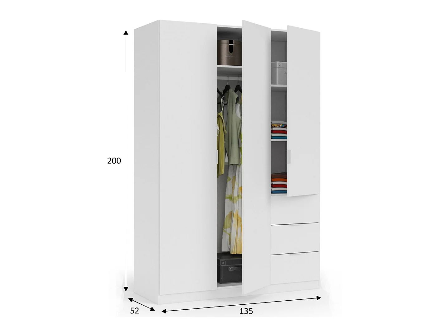 Armario ropero Reus 3 Puertas y 3 Cajones Color Blanco, 135 cm Ancho 52 cm Profundo 200 cm Alto