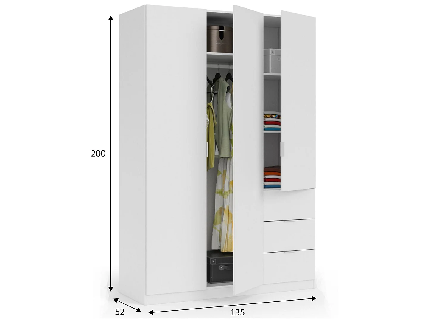 Armario ropero Reus 3 Puertas y 3 Cajones Color Blanco, 135 cm Ancho 52 cm Profundo 200 cm Alto