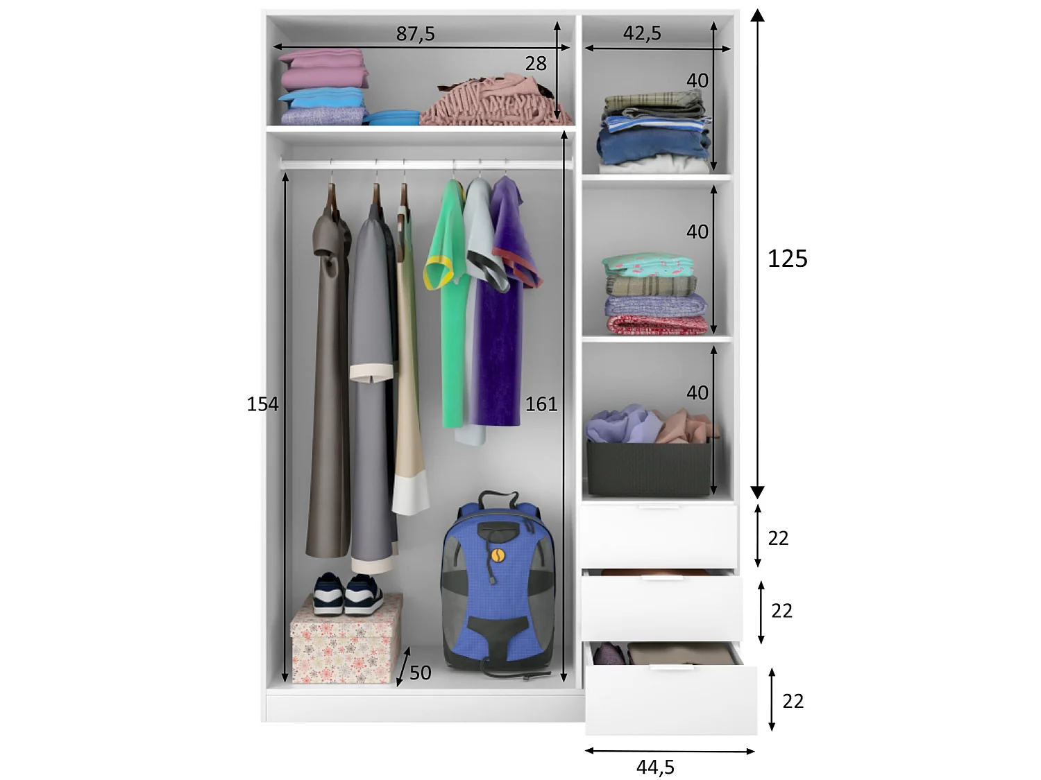Armario ropero Reus 3 Puertas y 3 Cajones Color Blanco, 135 cm Ancho 52 cm Profundo 200 cm Alto