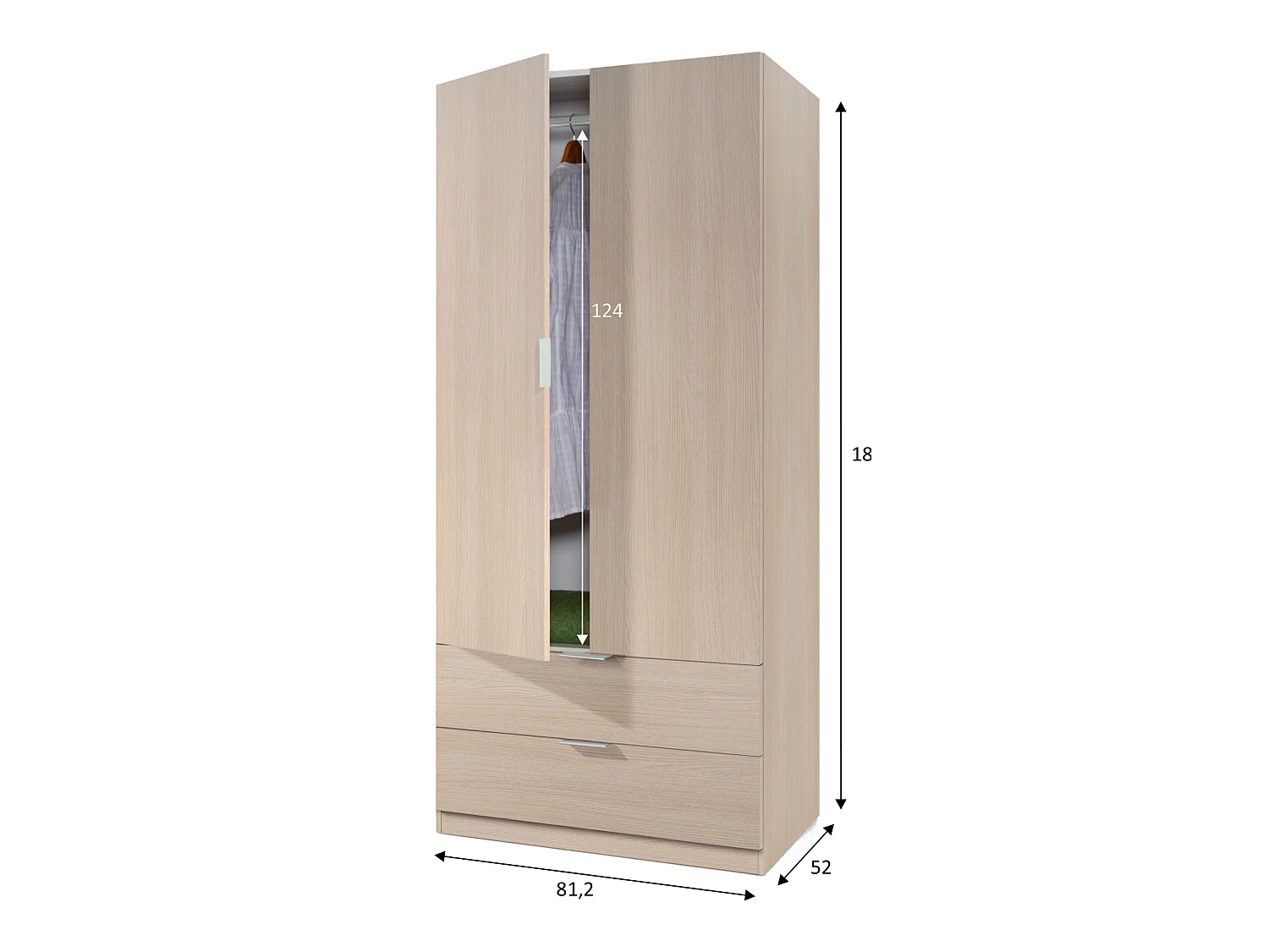 Armario ropero Nico 2 Puertas y 2 Cajones Color Roble, 81 cm Ancho 52 cm Profundo 180 cm Alto