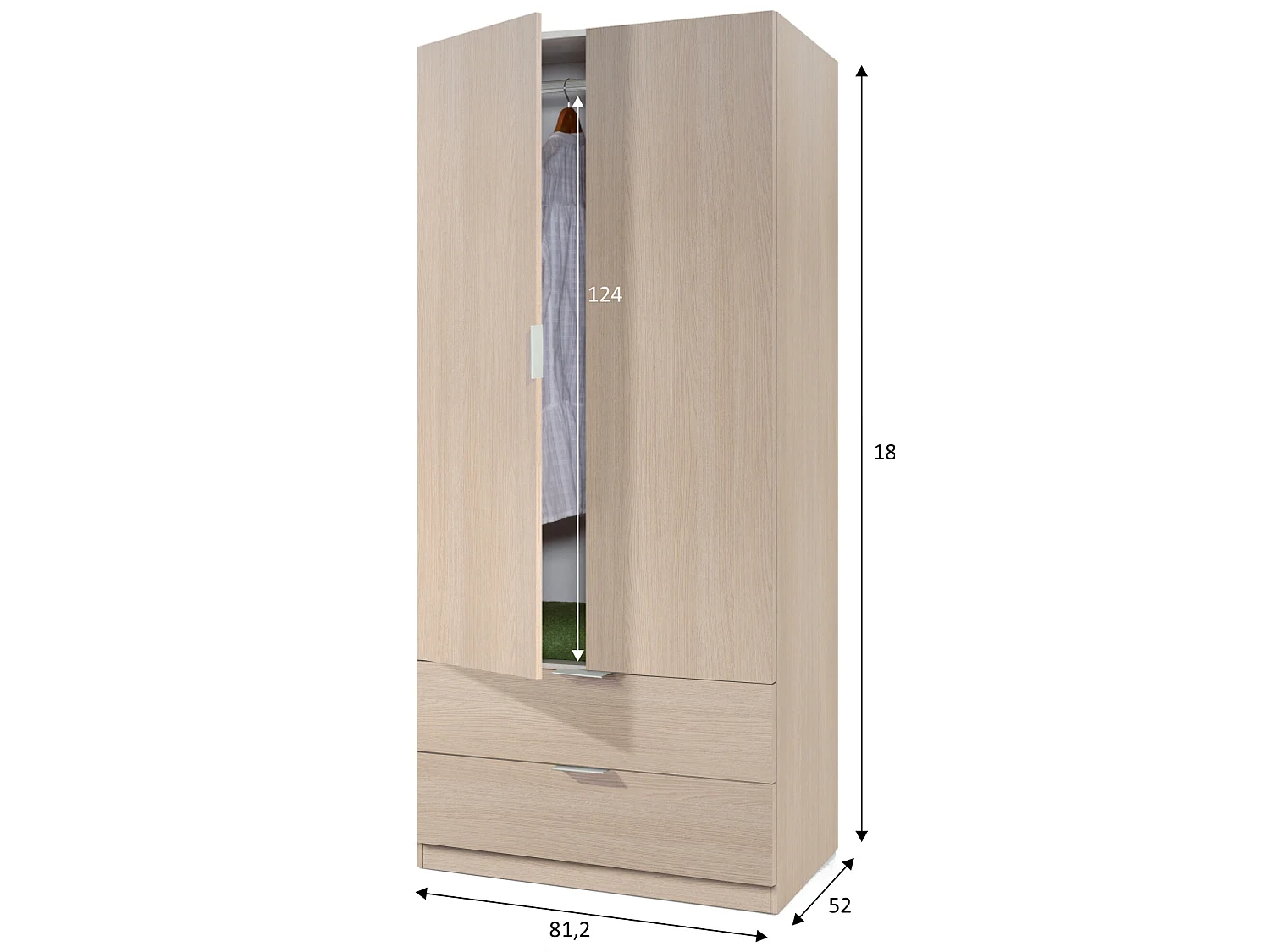 Armario ropero Nico 2 Puertas y 2 Cajones Color Roble, 81 cm Ancho 52 cm Profundo 180 cm Alto