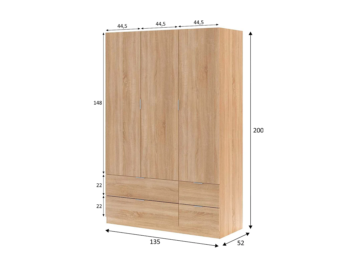 Armario ropero Reus 3 Puertas y 4 Cajones Color Roble, 135 cm Ancho 52 cm Profundo 200 cm Alto