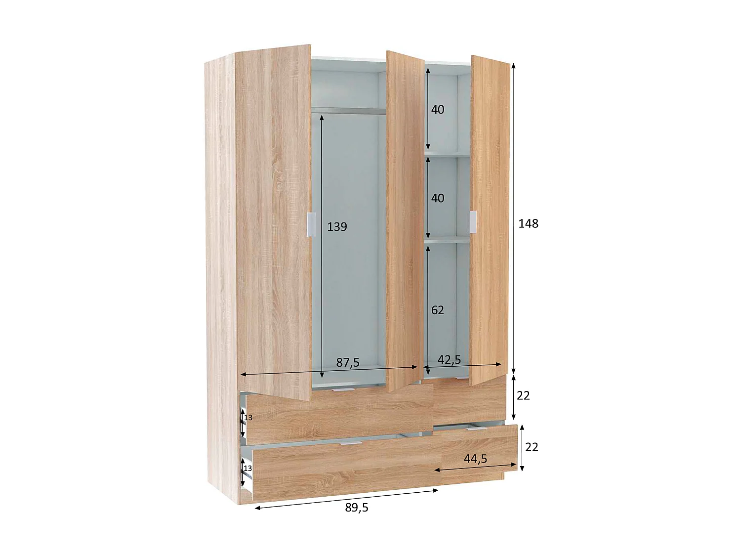 Armario ropero Reus 3 Puertas y 4 Cajones Color Roble, 135 cm Ancho 52 cm Profundo 200 cm Alto