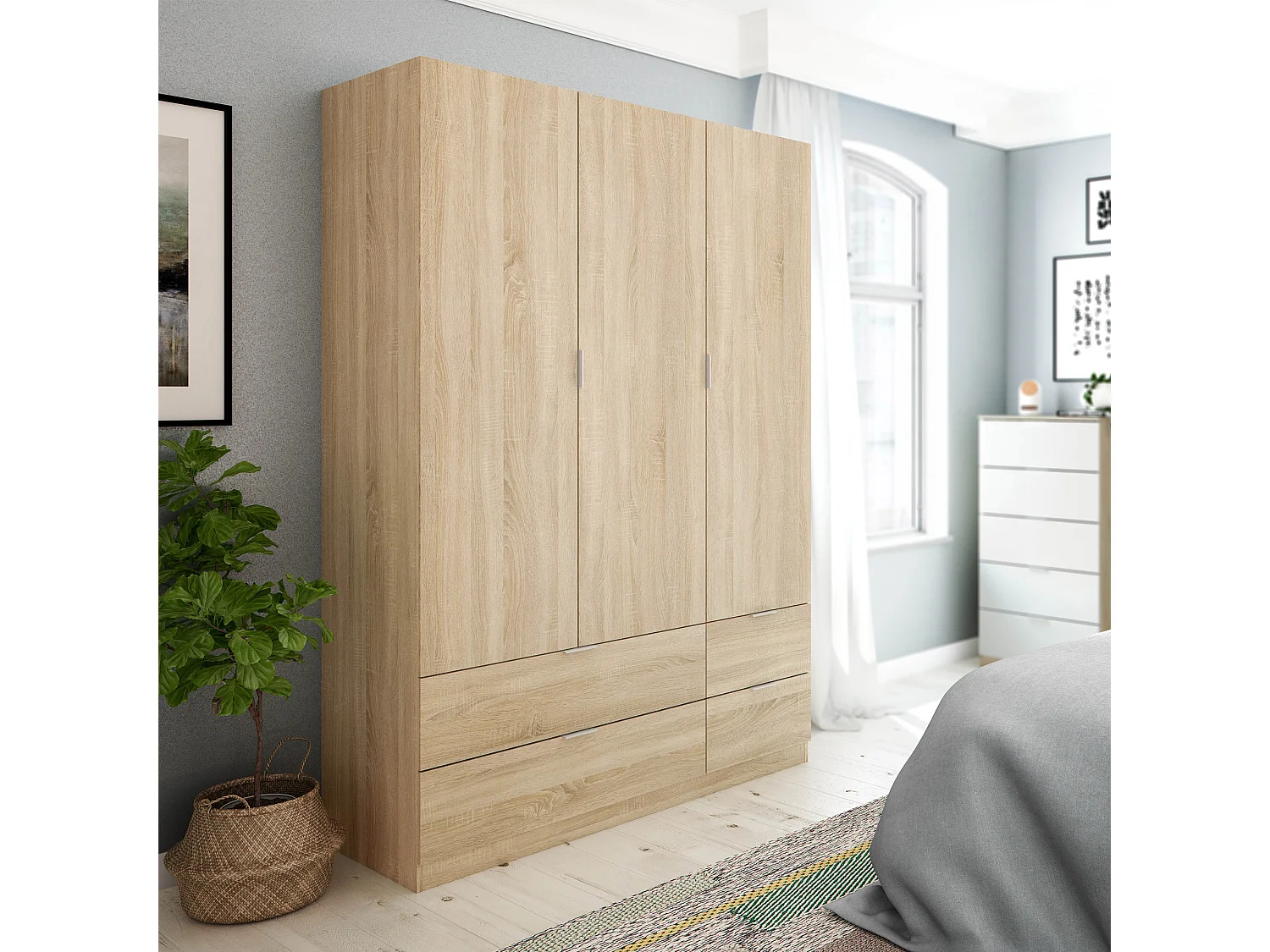 Armario ropero Reus 3 Puertas y 4 Cajones Color Roble, 135 cm Ancho 52 cm Profundo 200 cm Alto