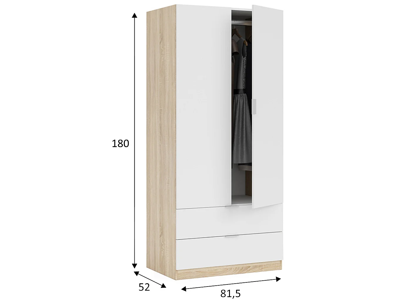 Armario ropero Nico 2 Puertas 2 Cajones Roble/Blanco, 81 cm Ancho 52 cm Profundo 180 cm Alto