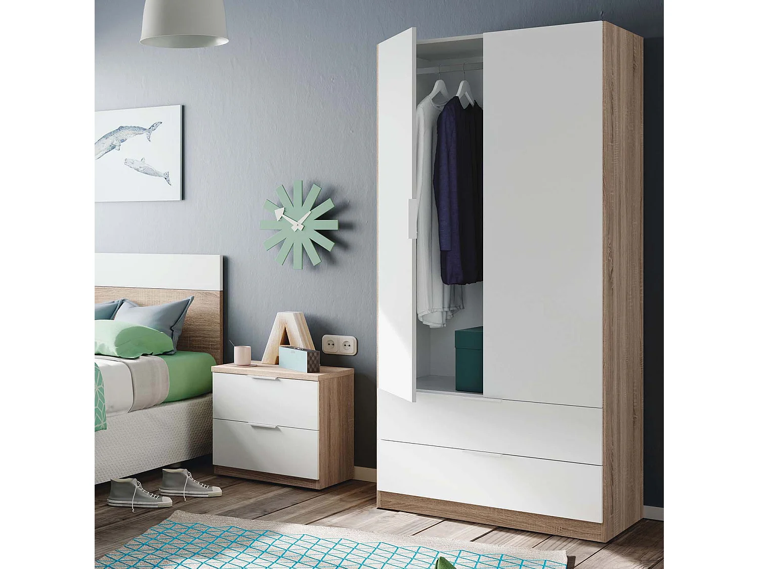 Armario ropero Nico 2 Puertas 2 Cajones Roble/Blanco, 81 cm Ancho 52 cm Profundo 180 cm Alto