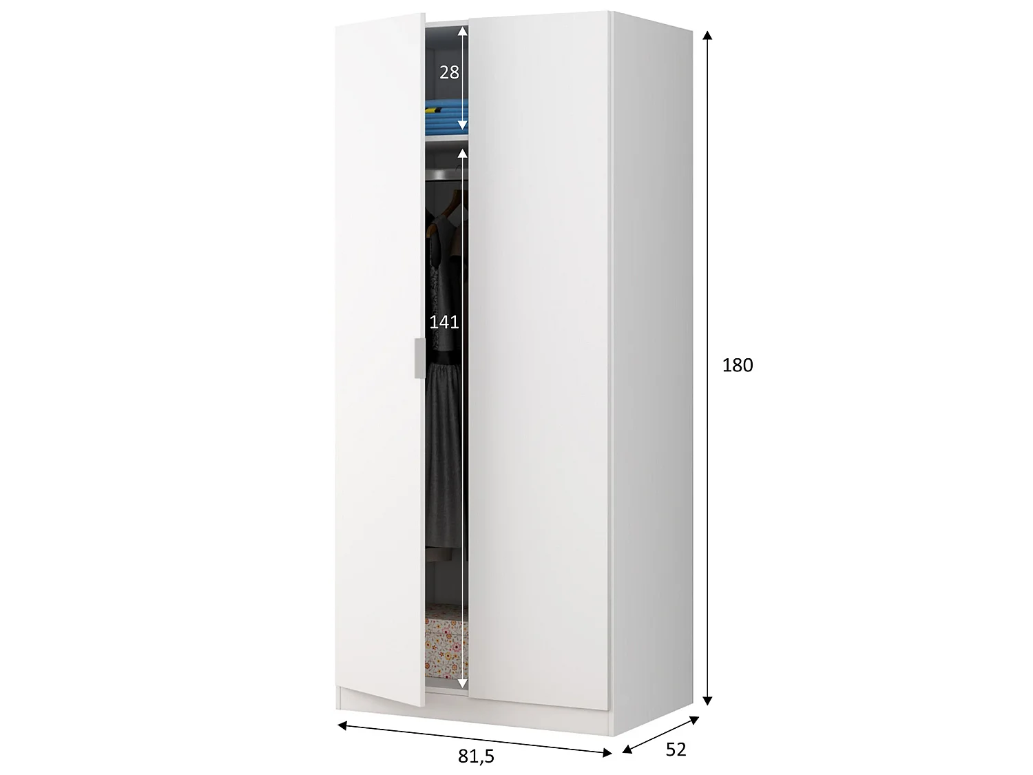 Armario ropero Nico 2 Puertas Color Blanco, 81 cm (Ancho) 52 cm (Profundo) 180 cm (Altura)