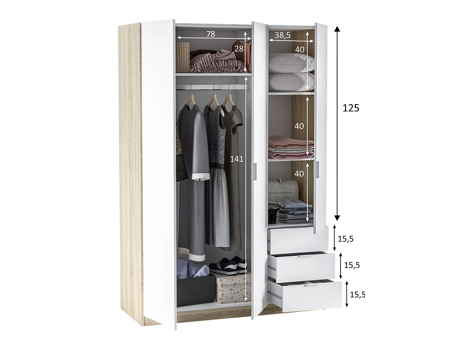 Armario ropero Nico 3 Puertas y 3 Cajones Color Roble/Blanco, 121 x 52 x 180 cm