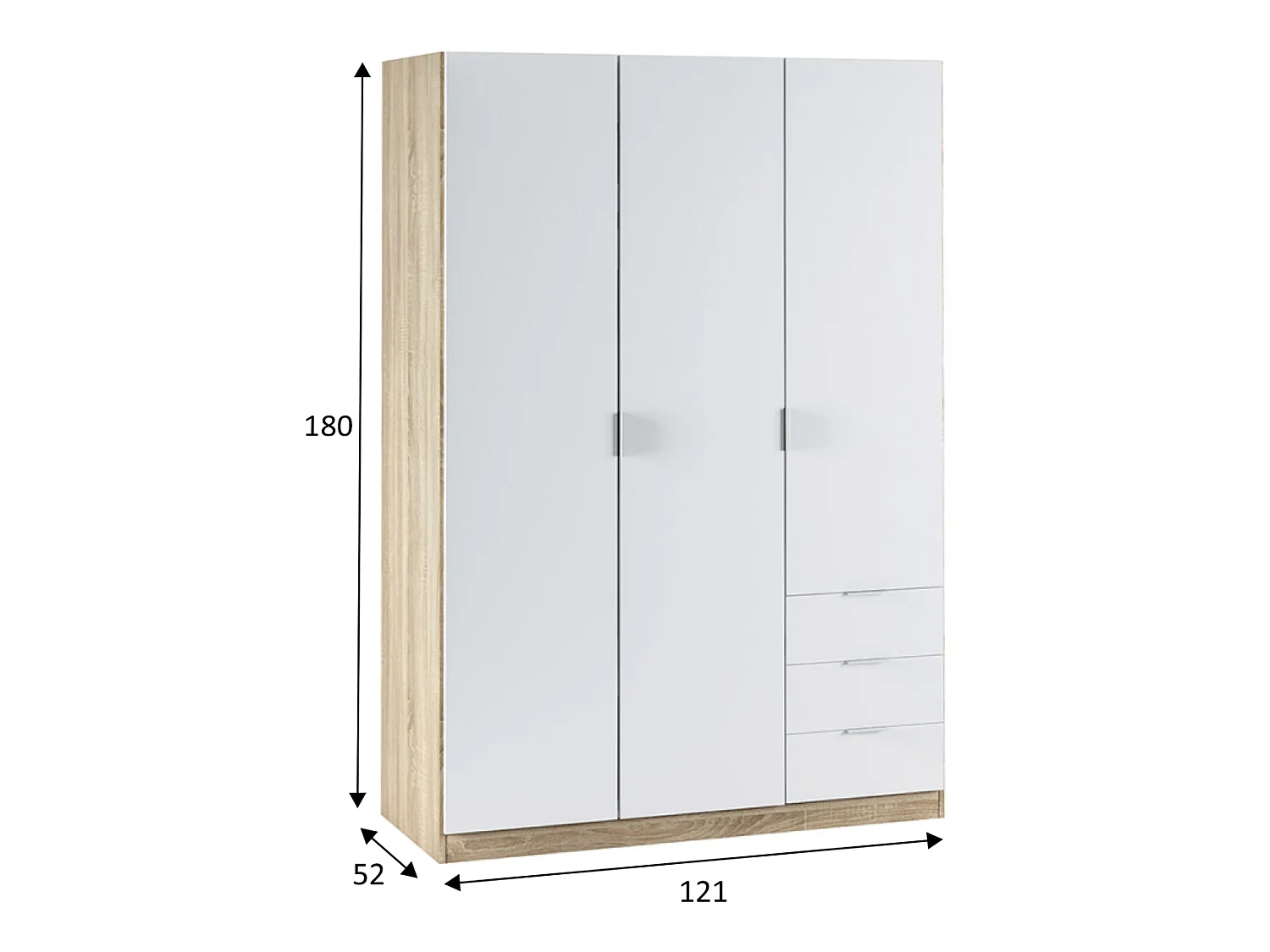 Armario ropero Nico 3 Puertas y 3 Cajones Color Roble/Blanco, 121 x 52 x 180 cm