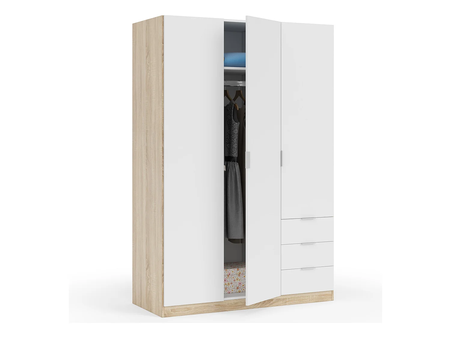 Armario ropero Nico 3 Puertas y 3 Cajones Color Roble/Blanco, 121 x 52 x 180 cm