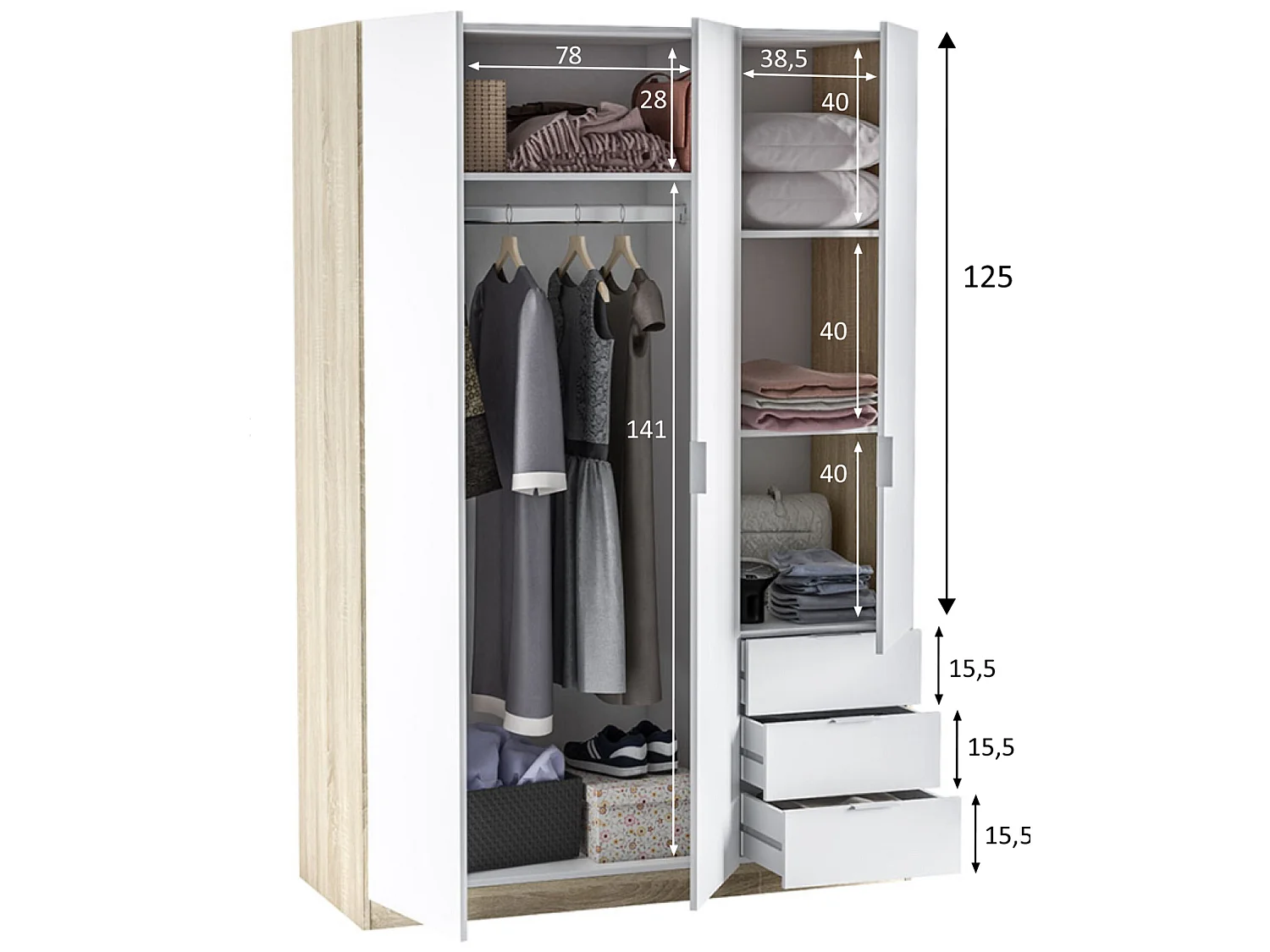 Armario ropero Nico 3 Puertas y 3 Cajones Color Roble/Blanco, 121 x 52 x 180 cm