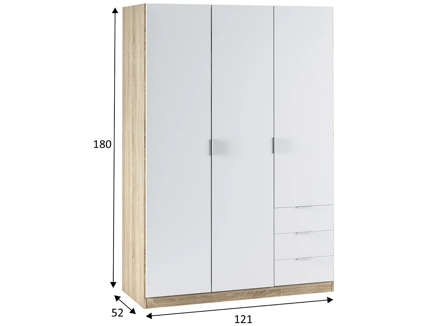 Armario ropero Nico 3 Puertas y 3 Cajones Color Roble/Blanco, 121 x 52 x 180 cm