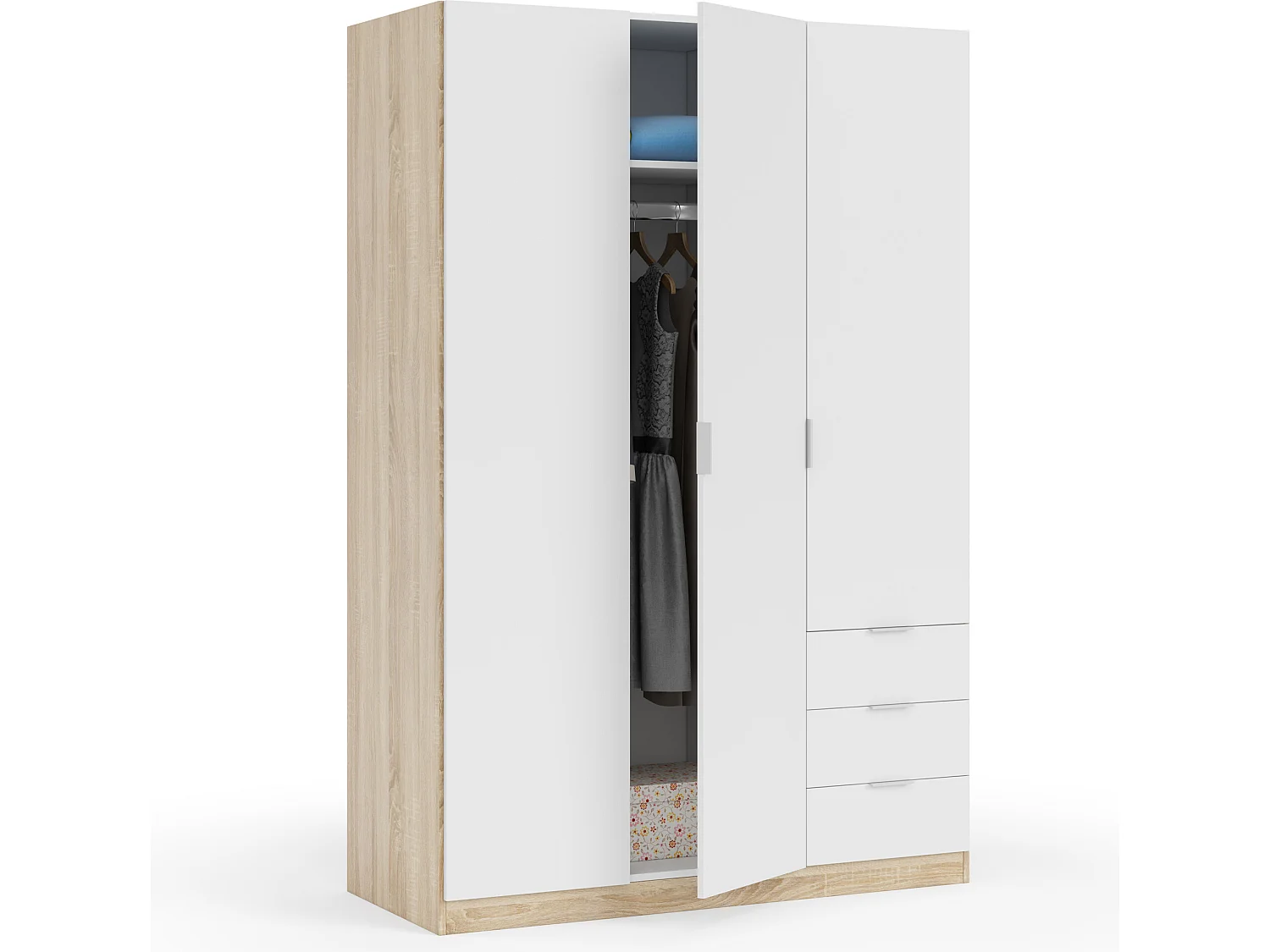 Armario ropero Nico 3 Puertas y 3 Cajones Color Roble/Blanco, 121 x 52 x 180 cm