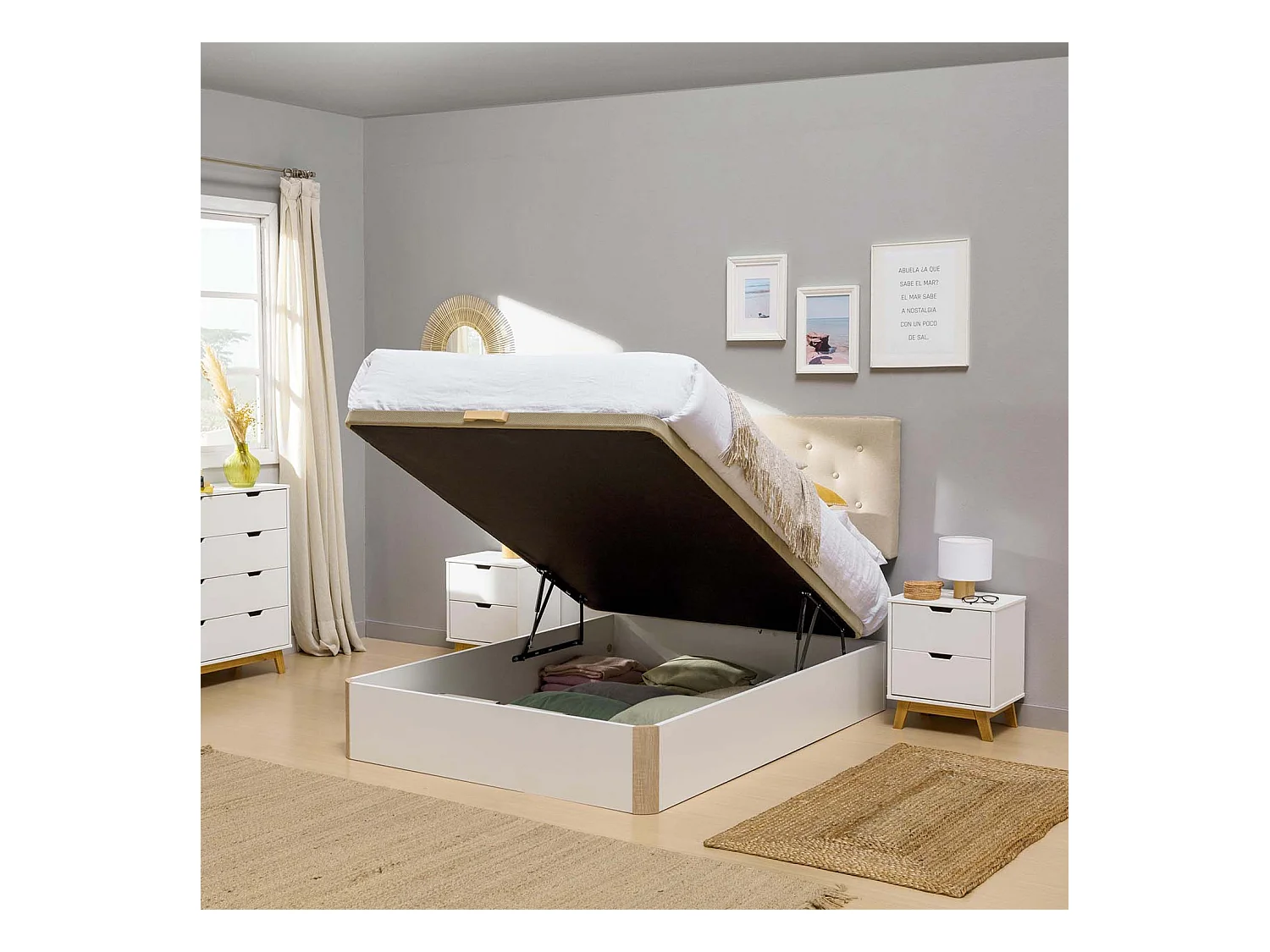 Canapé Abatible Petra 135x190 cm Blanco/Cambrian Gran Capacidad