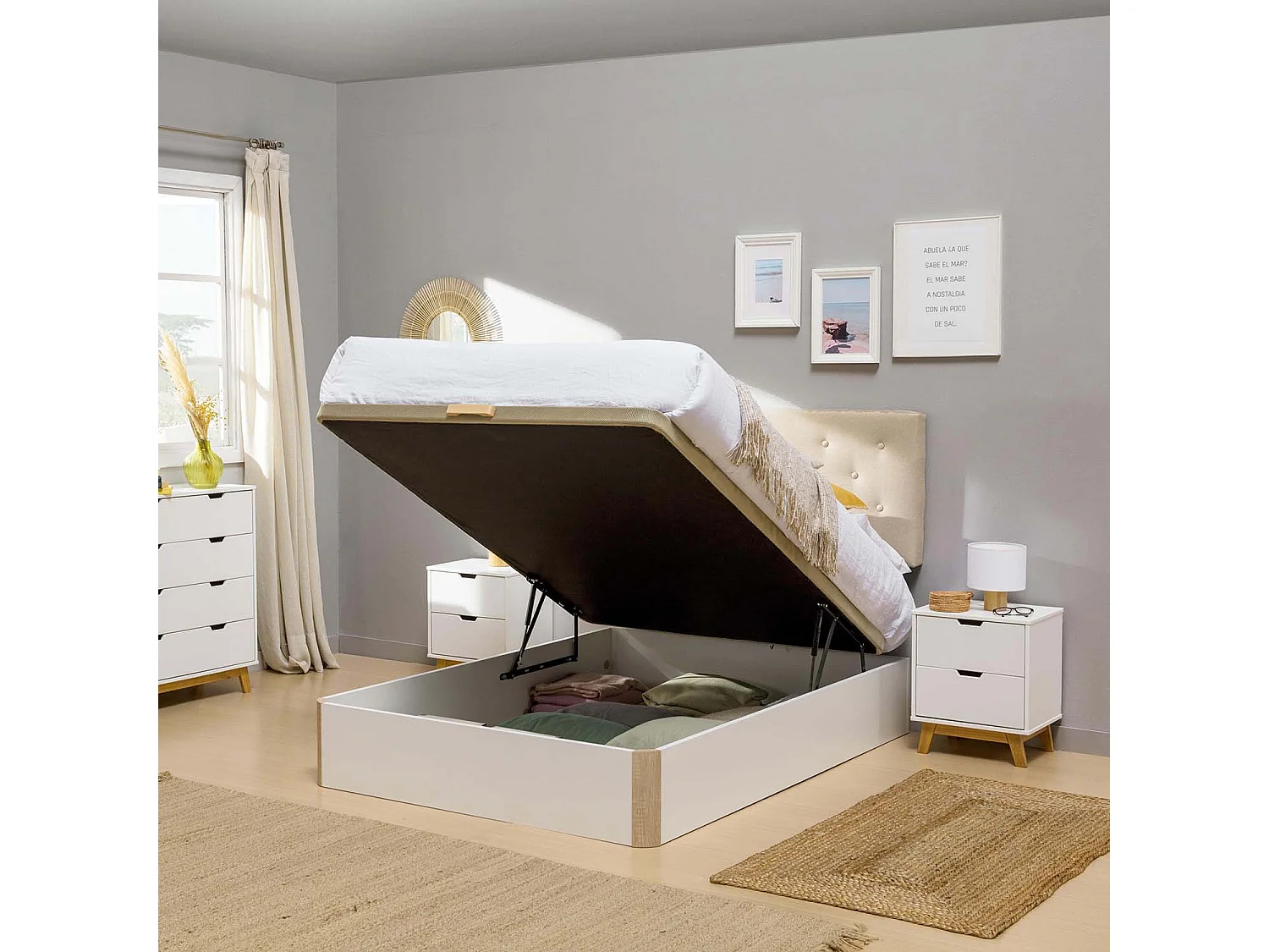 Canapé Abatible Petra 150x190 cm Blanco/Cambrian Gran Capacidad