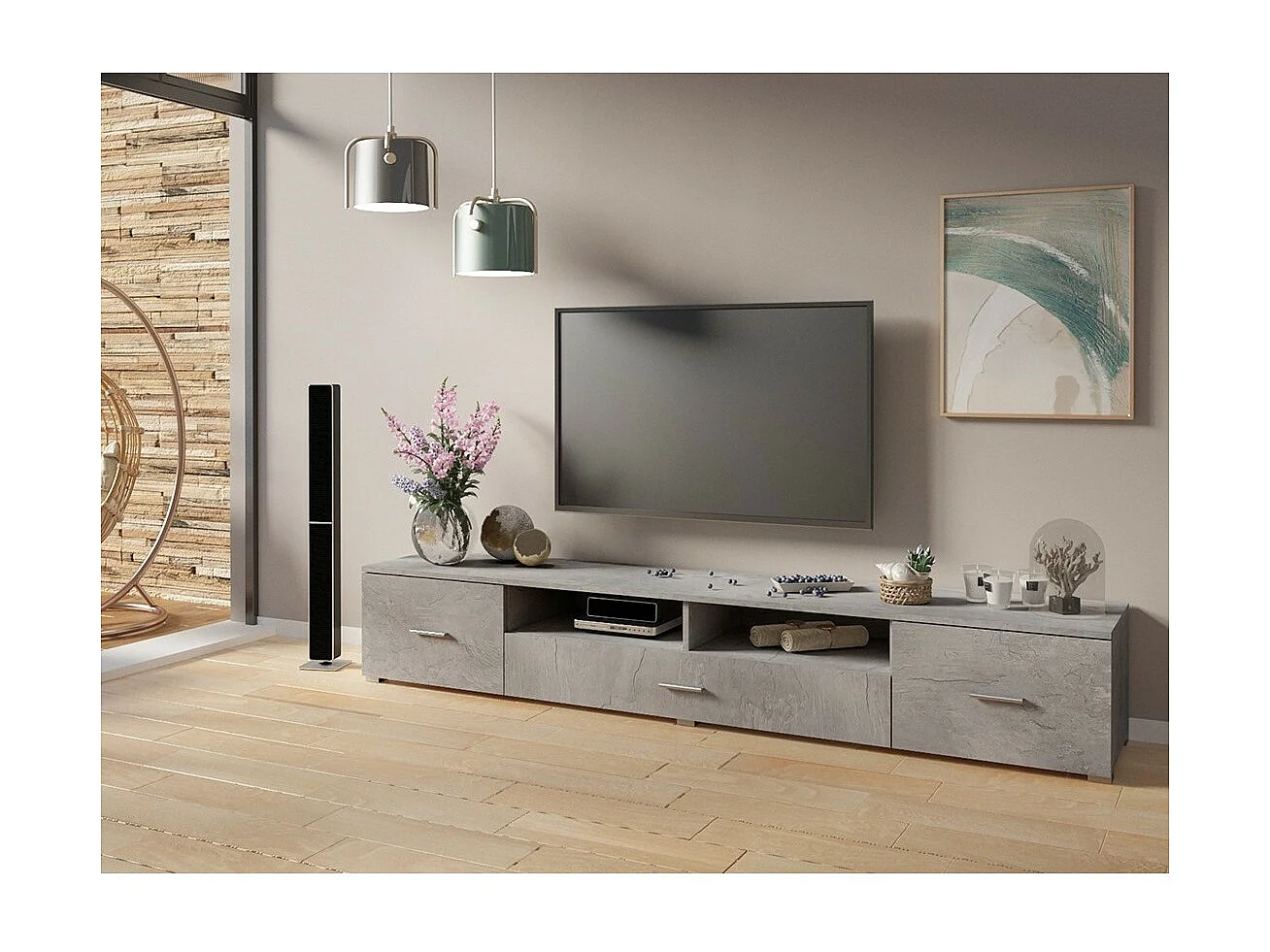 Meuble TV XL 210cm collection CONNOR. Coloris gris effet béton