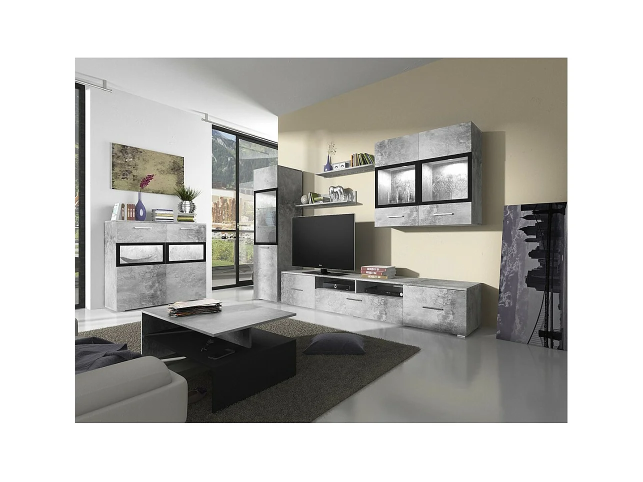 Composition de 6 meubles design pour salon coloris gris effet béton collection CONNOR