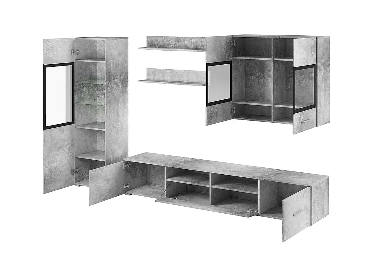 Composition de 6 meubles design pour salon coloris gris effet béton collection CONNOR