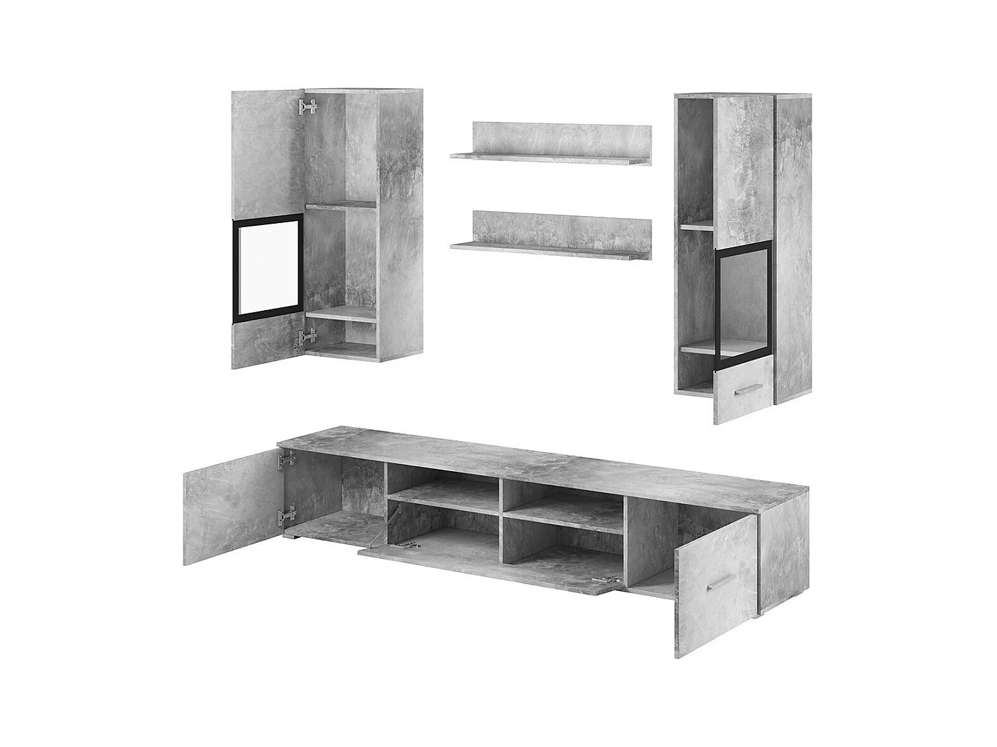 Composition de 5 meubles design pour salon coloris gris effet béton collection CONNOR