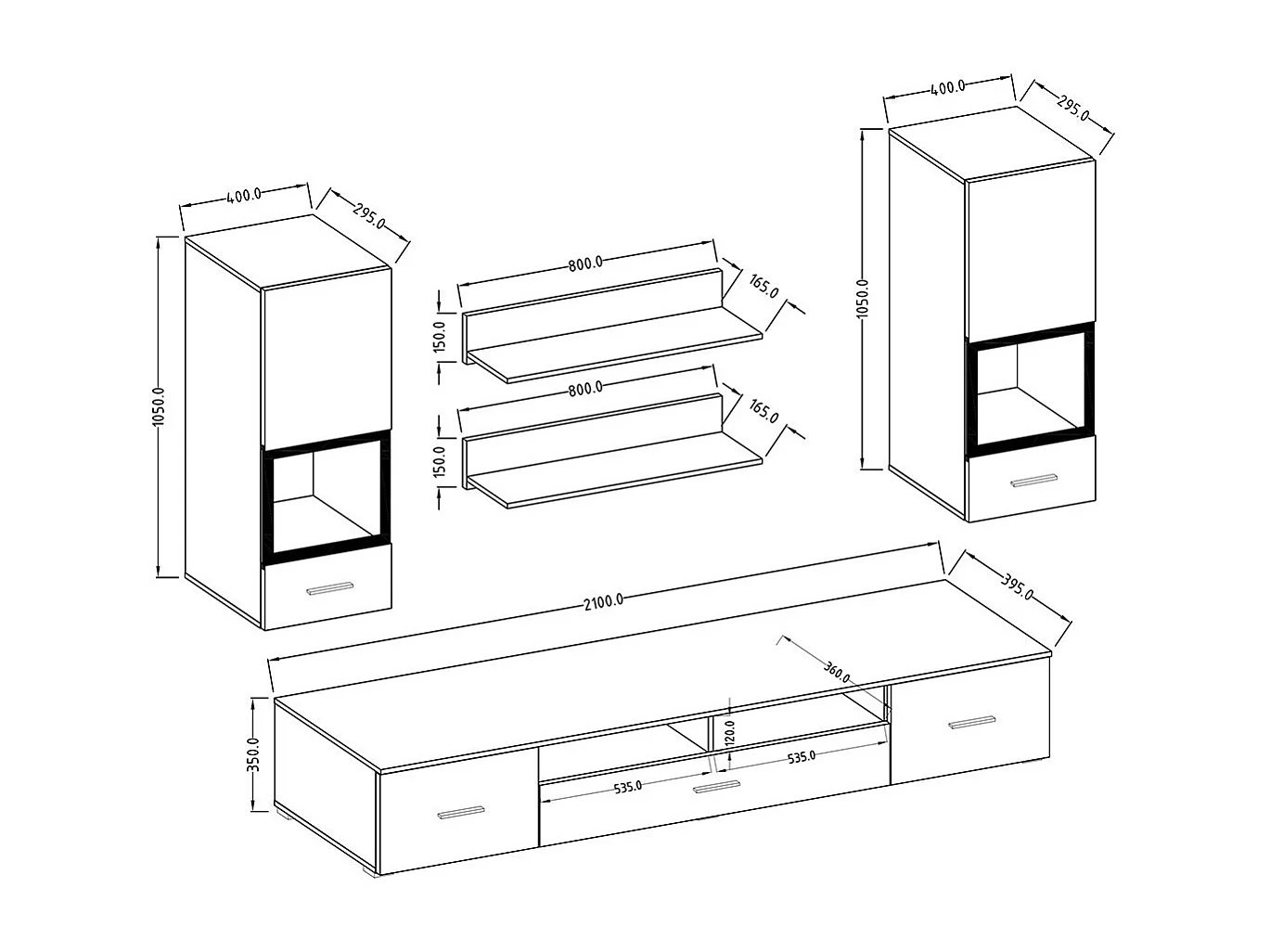 Composition de 5 meubles design pour salon coloris gris effet béton collection CONNOR