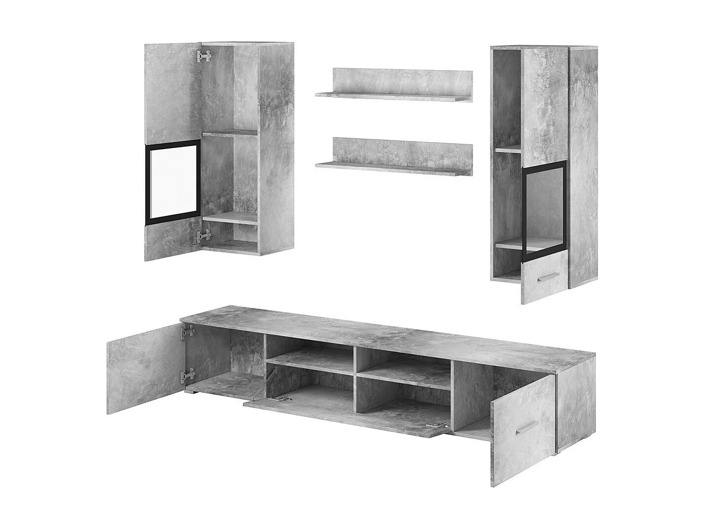 Composition de 5 meubles design pour salon coloris gris effet béton collection CONNOR