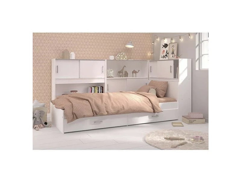 SCOOP Lit Enfant l90x L200 cm avec 3 meubles de rangement - Contemporain - Décor blanc