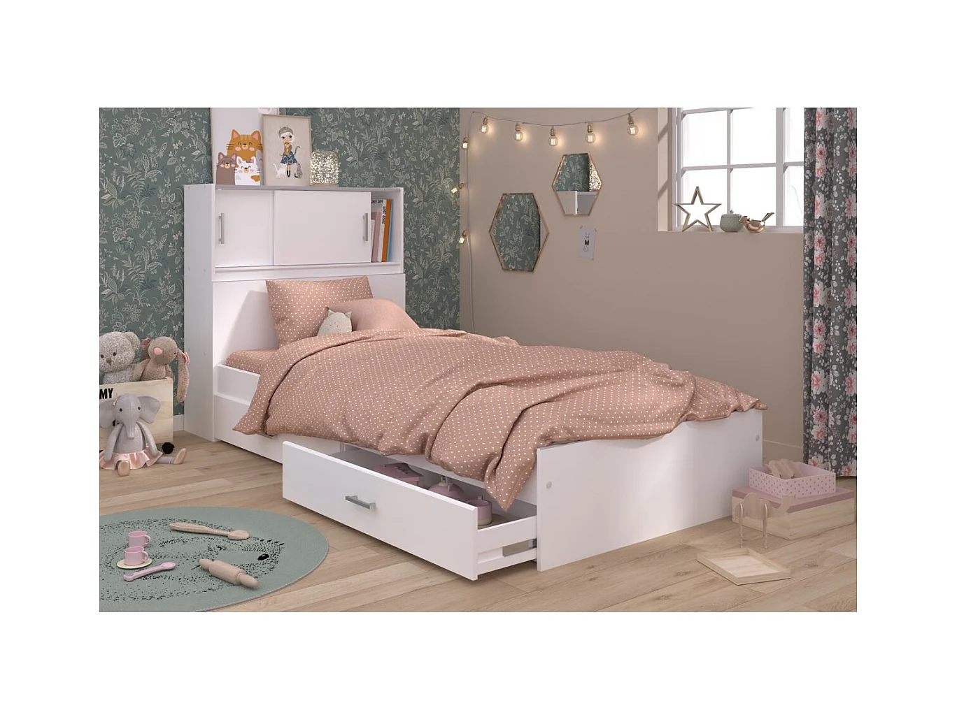 SCOOP Lit Enfant l90x L200 cm avec 3 meubles de rangement - Contemporain - Décor blanc
