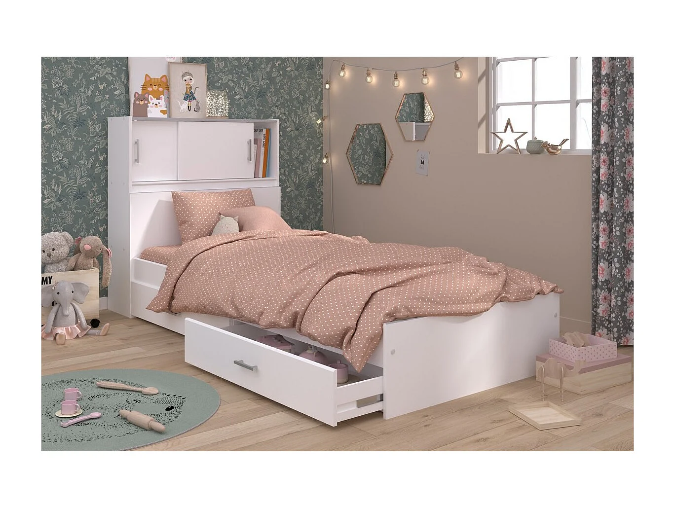 SCOOP Lit Enfant l90x L200 cm avec 3 meubles de rangement - Contemporain - Décor blanc