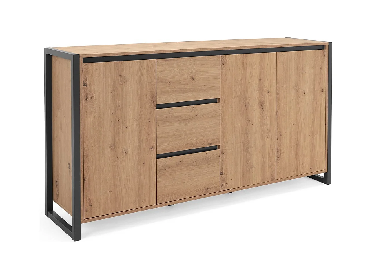 DENVER Buffet 3 portes 3 tiroirs - Decor chene artisan / Anthracite - L 160 x P 40 x H 88 cm