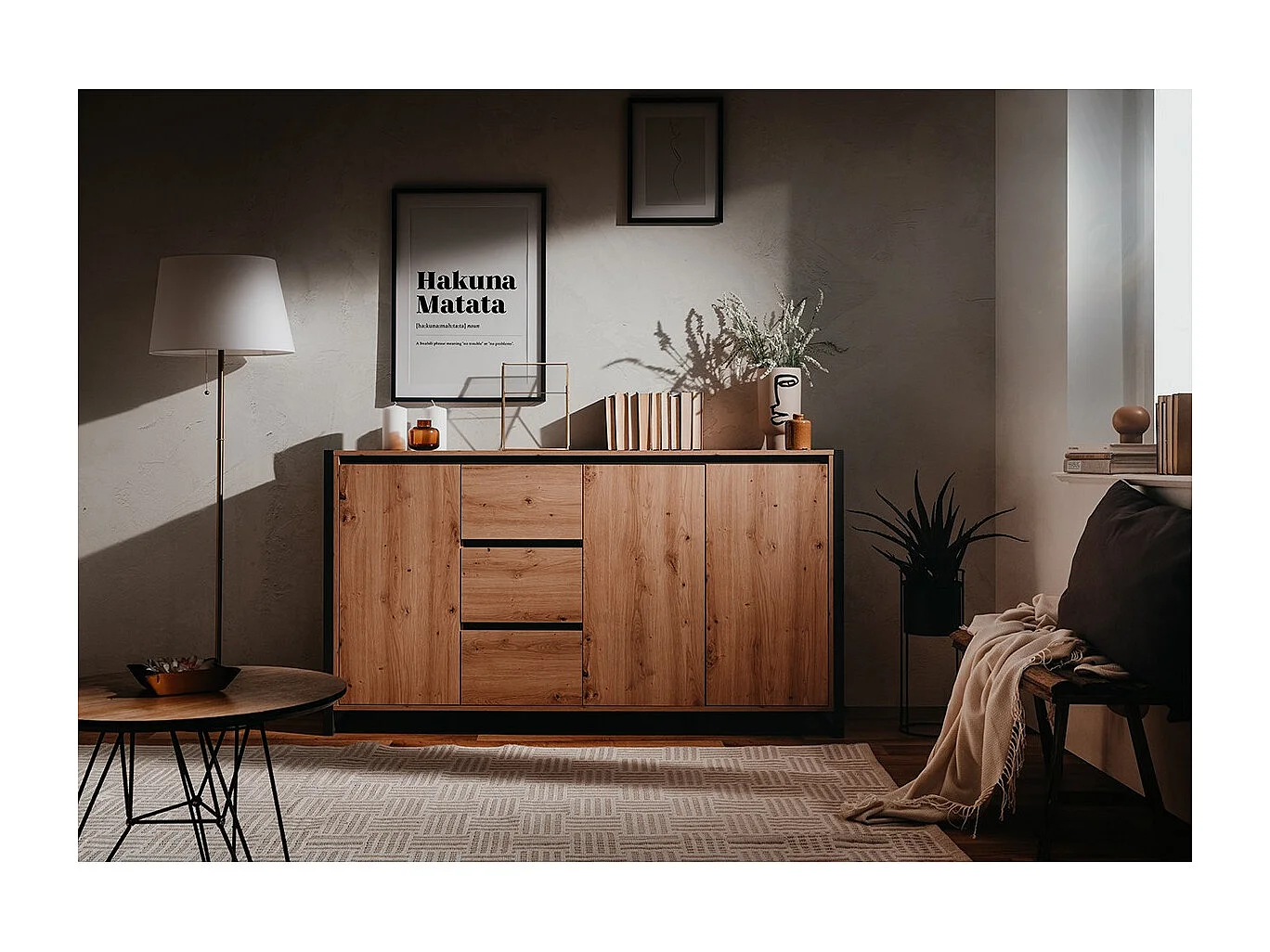 DENVER Buffet 3 portes 3 tiroirs - Decor chene artisan / Anthracite - L 160 x P 40 x H 88 cm