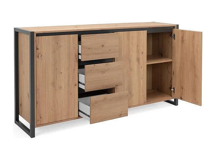 DENVER Buffet 3 portes 3 tiroirs - Decor chene artisan / Anthracite - L 160 x P 40 x H 88 cm