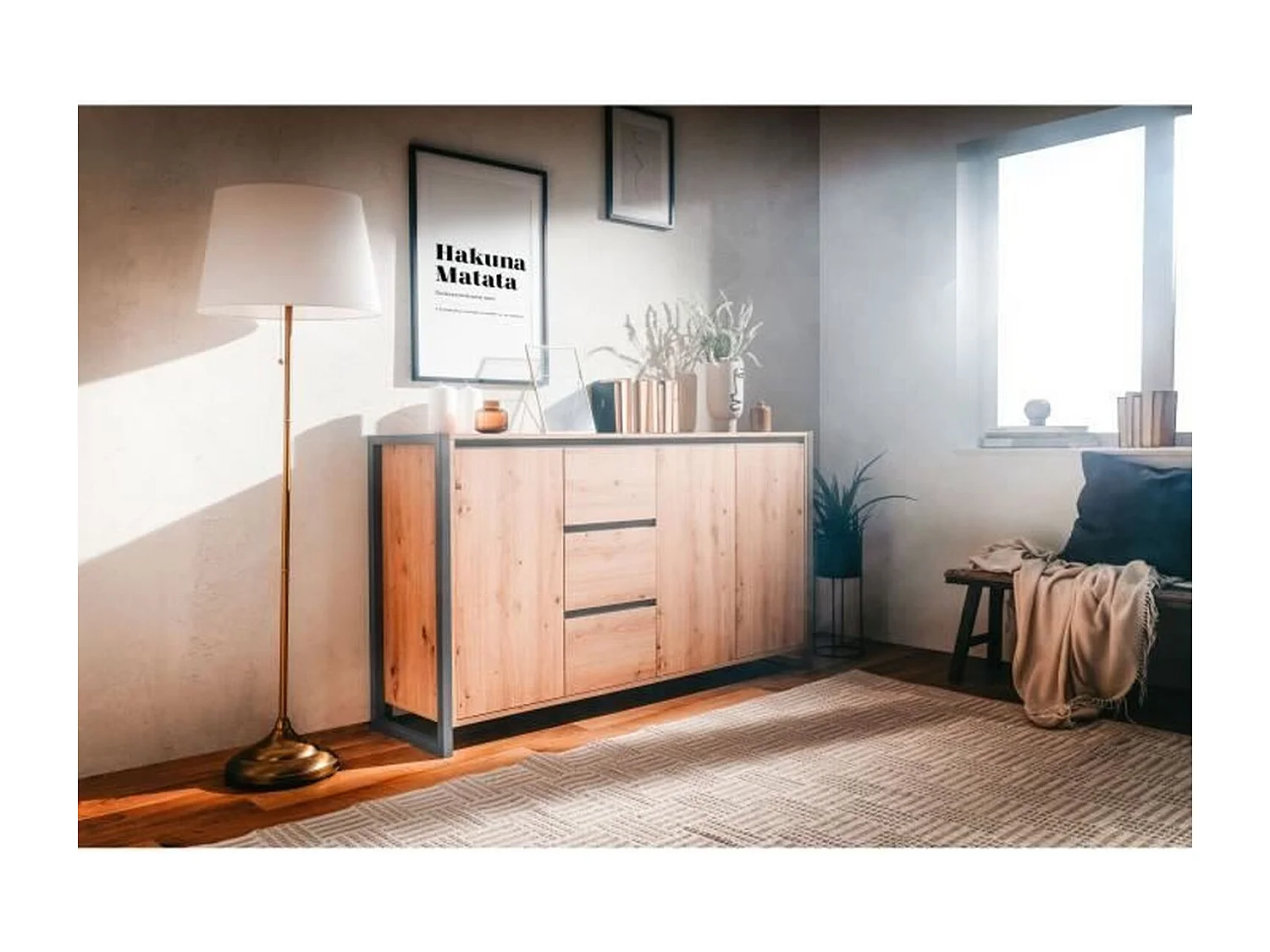 DENVER Buffet 3 portes 3 tiroirs - Decor chene artisan / Anthracite - L 160 x P 40 x H 88 cm