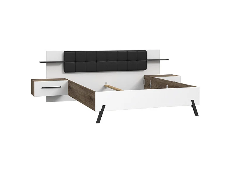 Lit 160 x 200 cm décor blanc et bois foncé chevet intégrés - MONA