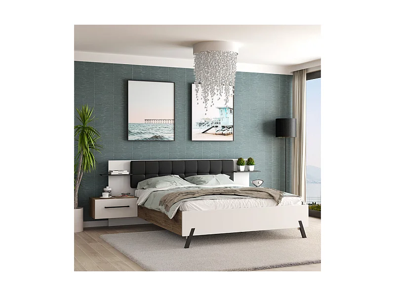 Lit 160 x 200 cm décor blanc et bois foncé chevet intégrés - MONA
