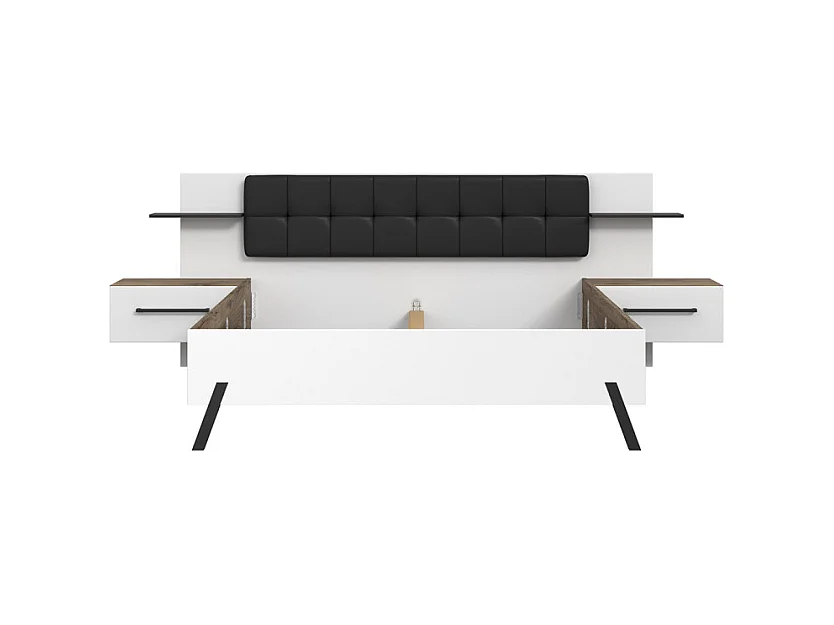 Lit 160 x 200 cm décor blanc et bois foncé chevet intégrés - MONA