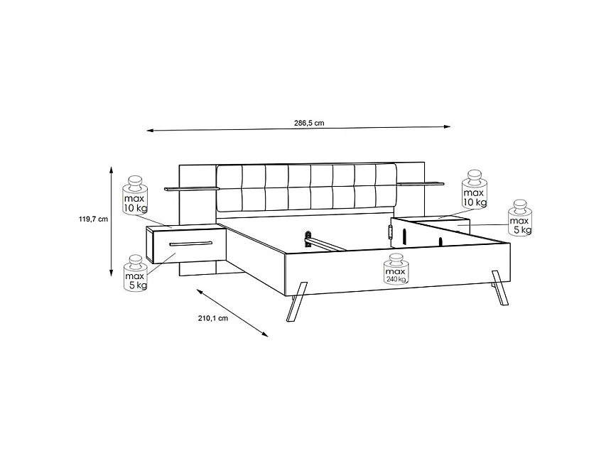 Lit 160 x 200 cm décor blanc et bois foncé chevet intégrés - MONA