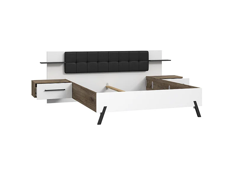 Lit 160 x 200 cm décor blanc et bois foncé chevet intégrés - MONA