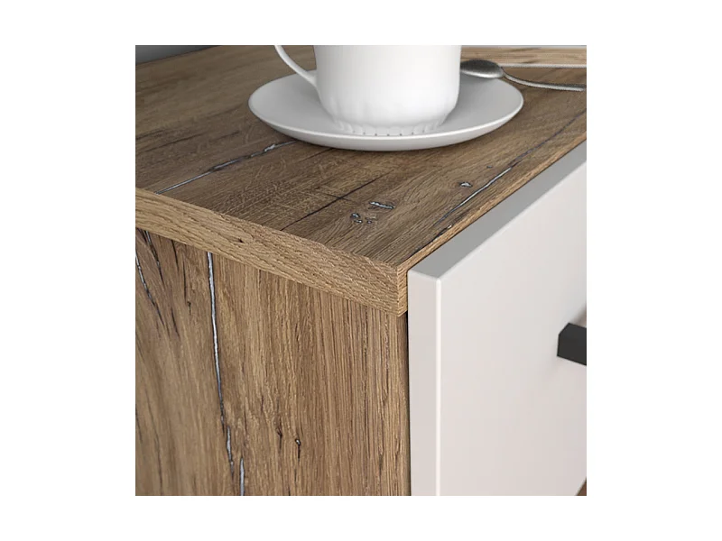 Lit 160 x 200 cm décor blanc et bois foncé chevet intégrés - MONA