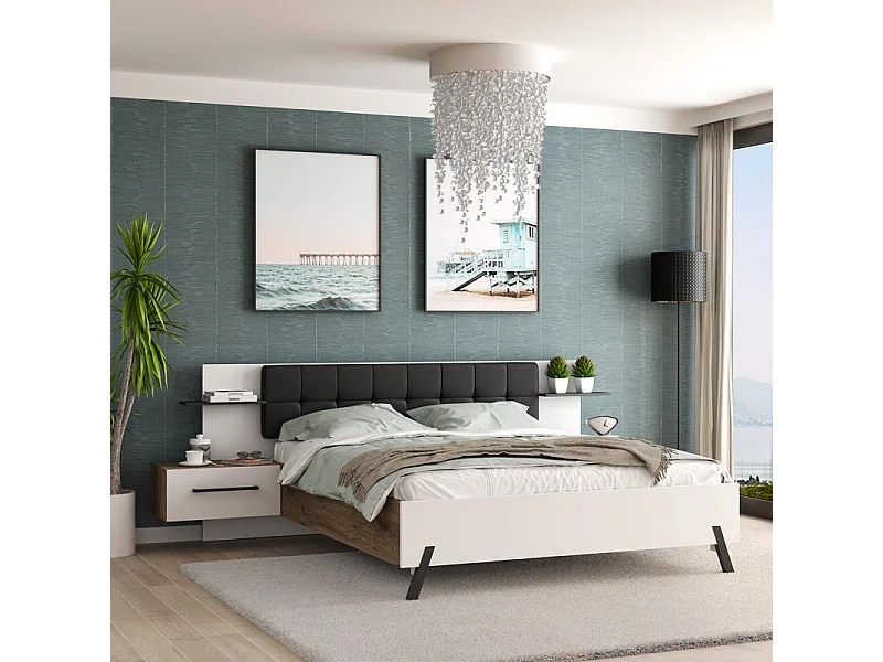 Lit 160 x 200 cm décor blanc et bois foncé chevet intégrés - MONA