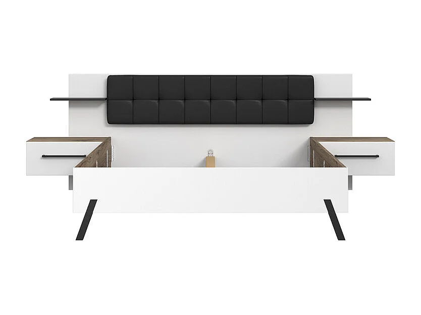 Lit 160 x 200 cm décor blanc et bois foncé chevet intégrés - MONA